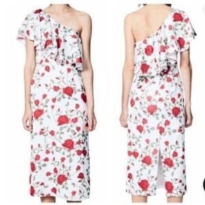 Fame and Partners Briar Rose White Red Floral One Shoulder Dress Ruffle US 8 NWT